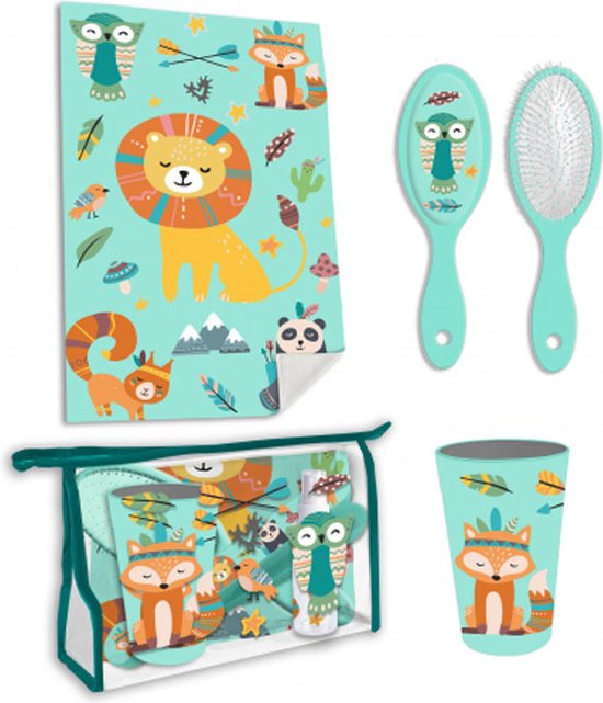 Trousse de toilette pour enfants avec Animaux de la Jungle - Vacances - Avec contenu (Brosse, tasse, serviette)