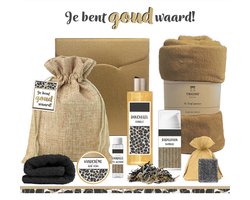 Geschenkset “Je bent goud waard!” - 8 producten - 1070 gram | Luxe Cadeaubox voor haar - Cadeau Bedankt - Verjaardag - Giftset Vriendin - Collega - Zorgwerk Vrijwilliger - Cadeaupakket Moeder Moederdag - Kerstpakket Kerst Cadeau - Panter Goud Zwart