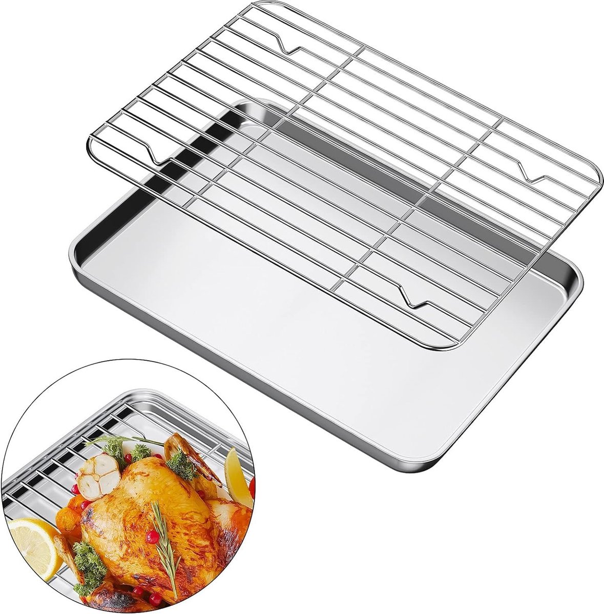 Bakplaat met afkoelrooster, roestvrij staal, ovenplaat, 31 x 24 cm, rechthoekige ovenplaat, braden, serveren voor bakken, braden, serveren, vaatwasmachinebestendig