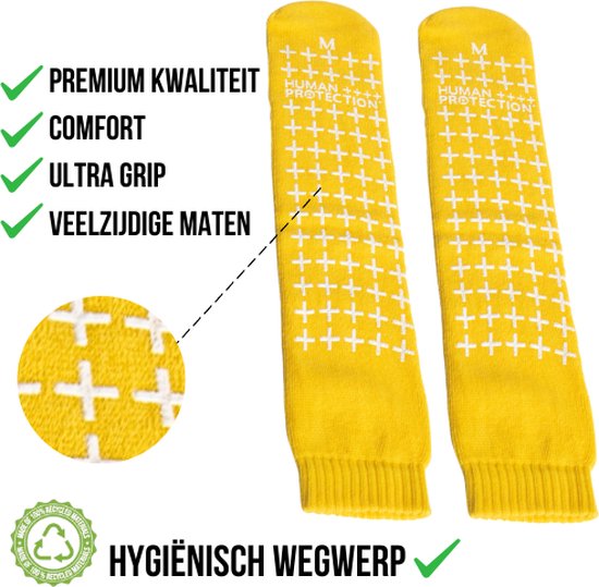 Human Protection Antislip Sokken - Valpreventie voor Ziekenhuis & Thuis - Disposable, Dubbele Grip - Groen/Geel - Maten M/L - Latexvrij, 80% Katoen 20% Polyester - Per Paar