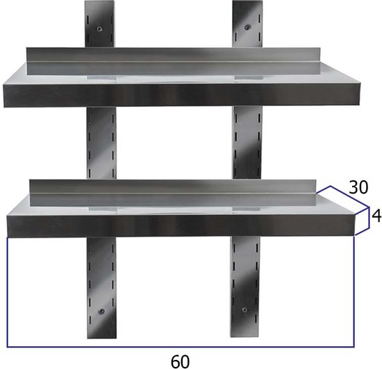 HCB® - Professionele Wandschap van metaal - Dubbel wandschap - RVS / INOX - Muurplank - wandplank - Horeca - 60x30x4 cm (BxDxH) - 20 kg