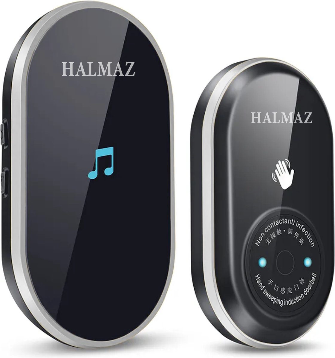 HALMAZ Contactloze deurbel – Draadloze deurbel - Zwart - IP44 Waterdicht – 45 Melodieën – Bereik 200 meter – 1 ontvanger