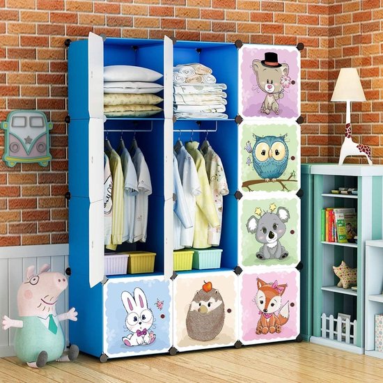 Uitbreidbare kinderplank, kindergarderobe, boekenkast met deuren en 2 hangers, diepere vakken dan normaal (45 cm versus 35 cm), 110 x 47 x 147 cm, blauw