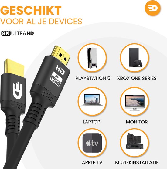 8K Ultra HD HDMI kabel met icoontjes van PlayStation 5, Xbox One, laptop, monitor, Apple TV en muzieksysteem.