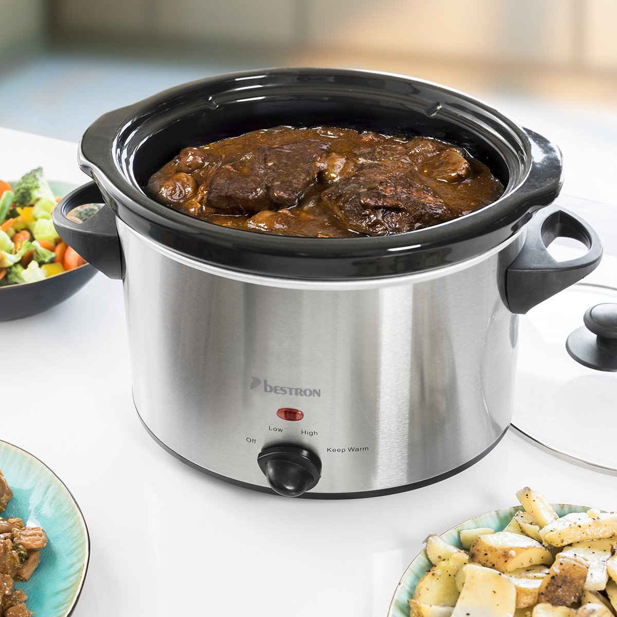 Afbeelding 2 van Bestron Slowcooker, met 3 programma's, keramische pan & glazen deksel, voor 4 Personen, 3,5L capaciteit, vatwasserveilig, 180 Watt, kleur: Zilver