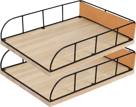 Foto: Modern spirit brievenbakje documenten opbergbak 2x zwart beige metaal hout l24 x b32 x h7 cm kantoorbenodigdheden bureau accessoires