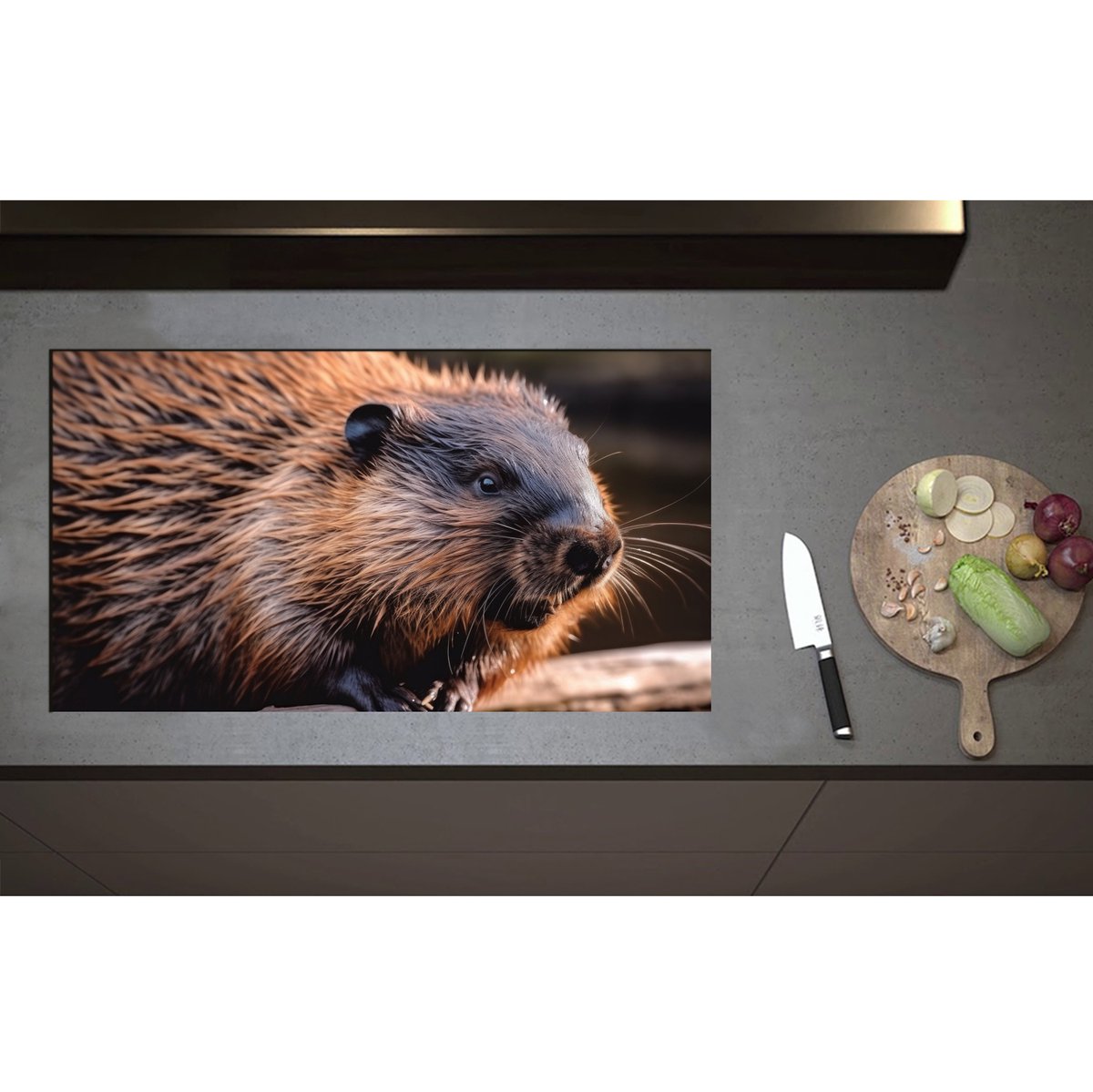 Inductieplaat Beschermer - Bever hangt met poten over stuk hout heen - 90x50 cm - 2 mm Dik - Inductie Beschermer - Bescherming Inductiekookplaat - Kookplaat Beschermer van Zwart Vinyl
