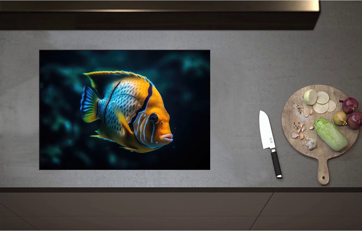 Inductieplaat Beschermer - Blauw- Gele Vis Zwemmend door de Donkere Zee - 71x50 cm - 2 mm Dik - Inductie Beschermer - Bescherming Inductiekookplaat - Kookplaat Beschermer van Zwart Vinyl
