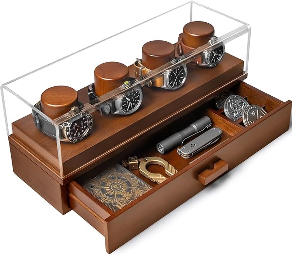 Display Case Horloge Houder - Horlogebox Organizer voor Mannen met Display en Lade voor Accessoires - Houten Horloge Cases voor Mannen - Mens Horloge Box - Gift voor Mannen Vriendje