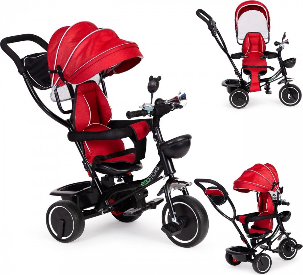 Ecotoys driewieler met duwstang - buggy - kinderwagen - rood - vanaf 12 maanden