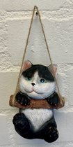 Animal suspendu (jardin) en polyrésine "chat" - noir + blanc - hauteur 15x10x8 cm - corde suspendue - Pour l'intérieur ou l'extérieur - Accessoires de jardin - Accessoires de maison