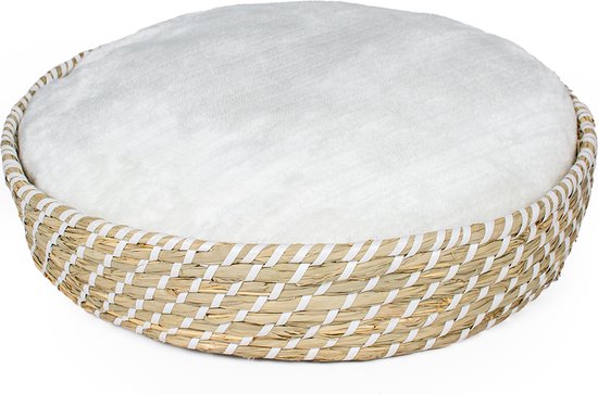 Duvoplus - Hond - Boho Rieten Mand Rond & Kussen L - 50x50x10cm Beige/wit - 162292