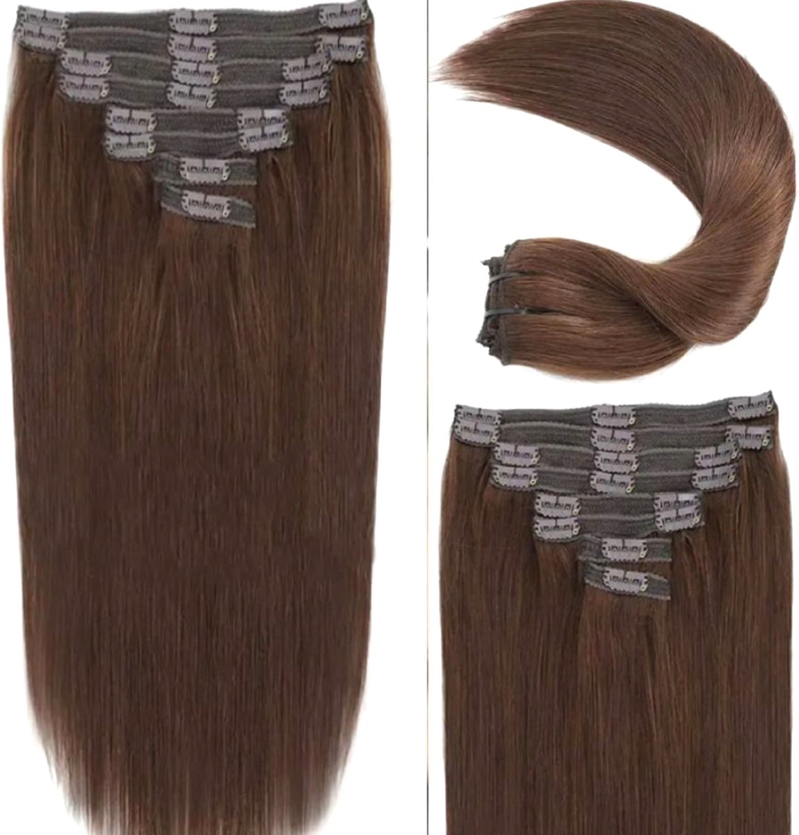 Frazimashop- Clip in Extensions, 100% Human Hair, steil , Straight 14 inch, kleur #4 Chocolate Brown