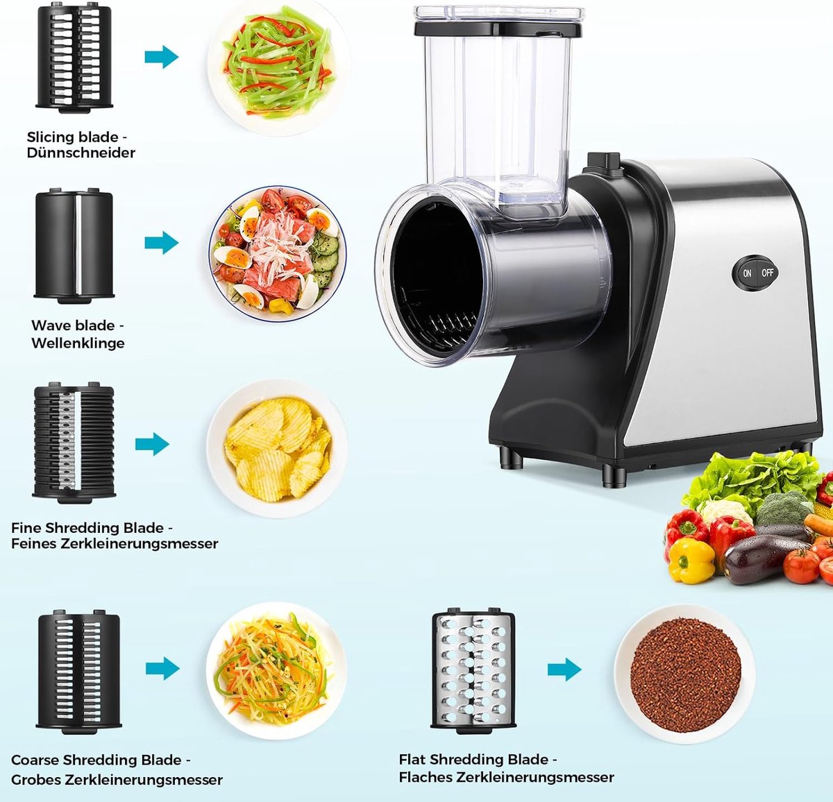COOCHEER Elektrische rasp, groente- en fruitsnijder, 150 W, met 4 opzetstukken en grote voerslang, voor groenten en fruit, BPA-vrij