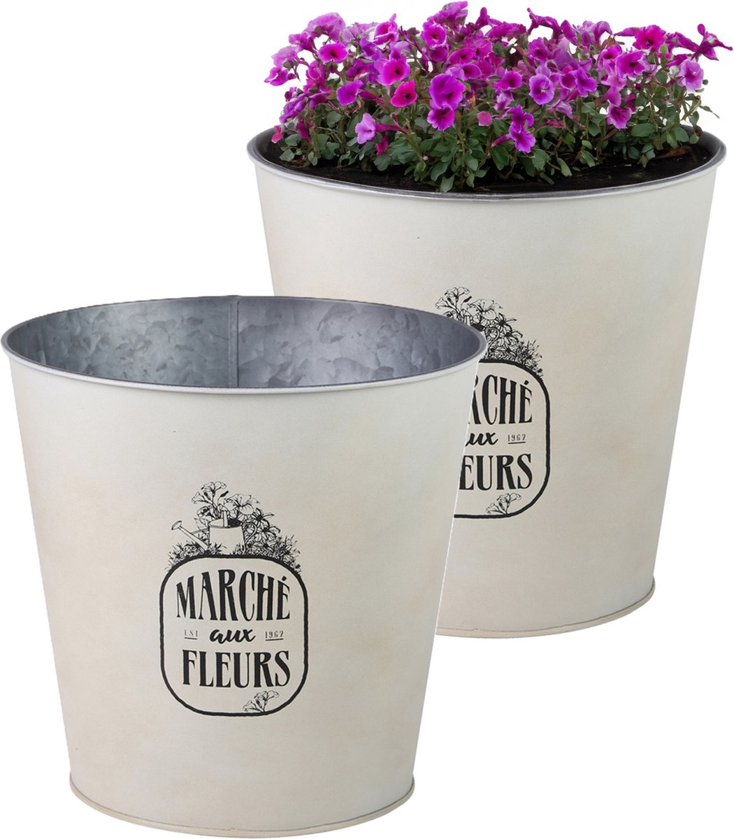 Goedkoopste Sunnydays Emmer/plantenpot/bloempot - 2x - zink - ivoorwit - D23 x H22 cm