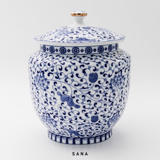 Blue Flower (L) urn - Blauw/Wit - 4L - hoogwaardig keramiek - SANA - delfts blauw - moderne urn - crematie urn - as urn - volwassene urn - huisdieren urn - urn hond - urn kat - menselijk as - familie urn - urn voor as volwassen - urne - urnen