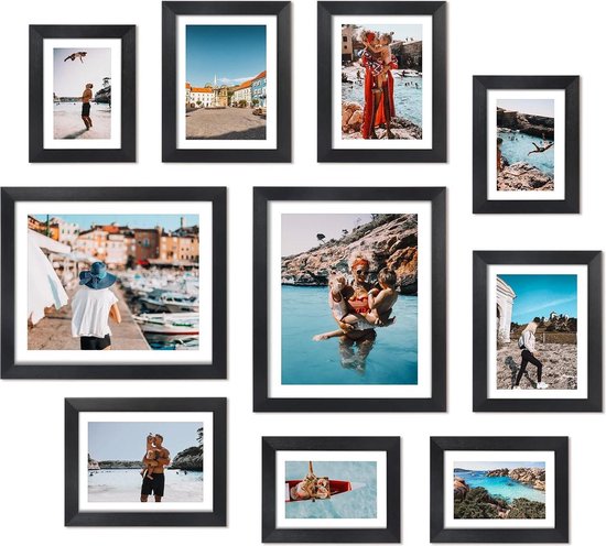 Multi Zwarte Fotolijsten met Mat voor Meerdere Formaten Foto's - Verzameling Pack van 10 - Voeg de zoekwoorden "fotolijst" en "collage" toe. Fotolijsten