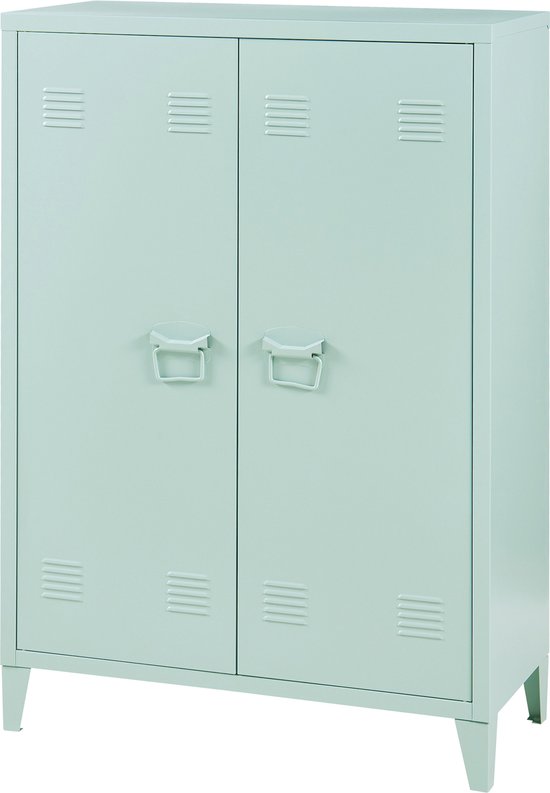 Pastelgroene metalen kast met twee deuren en ventilatieopeningen, schuin van voren gezien.