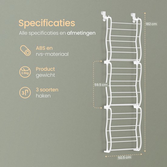 O'DADDY® Schoenenrek - Schoenenkast - Schoenenrek wit - Schoenenrek deur - Schoenenrek hangend - Hangend schoenenrek - Deur schoenenrek - Hangend schoenenrek deur - Geschikt voor elke deur - 20 x 51 x 182 cm