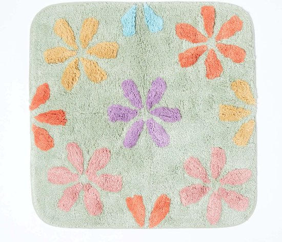 Homescapes Tapis de bain carré antidérapant à fleurs en 100% coton, 50 x 50 cm