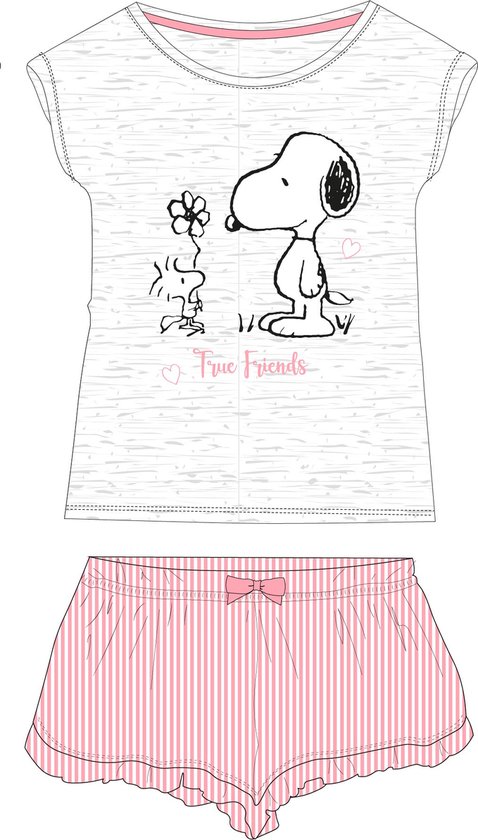 Snoopy shortama/pyjama true friends katoen licht grijs/roze maat 164