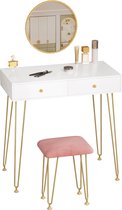 Rootz Elegante kaptafelset - Vanity Desk - Make-upstation - Afneembare ronde spiegel - Voldoende opbergruimte - Duurzame constructie - Wit en goud - 80 cm x 40 cm x 81 cm