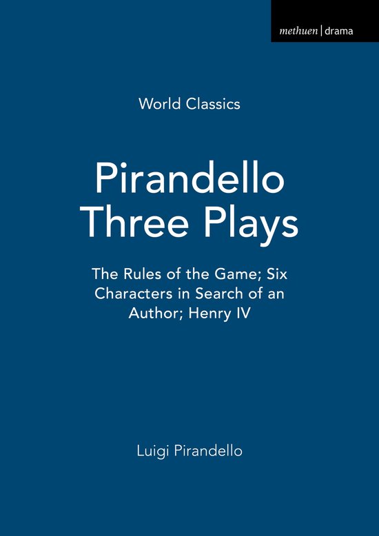 Boekomslag van 'Pirandello Three Plays', met de titel in grote witte letters, onder de tekst 'World Classics'.