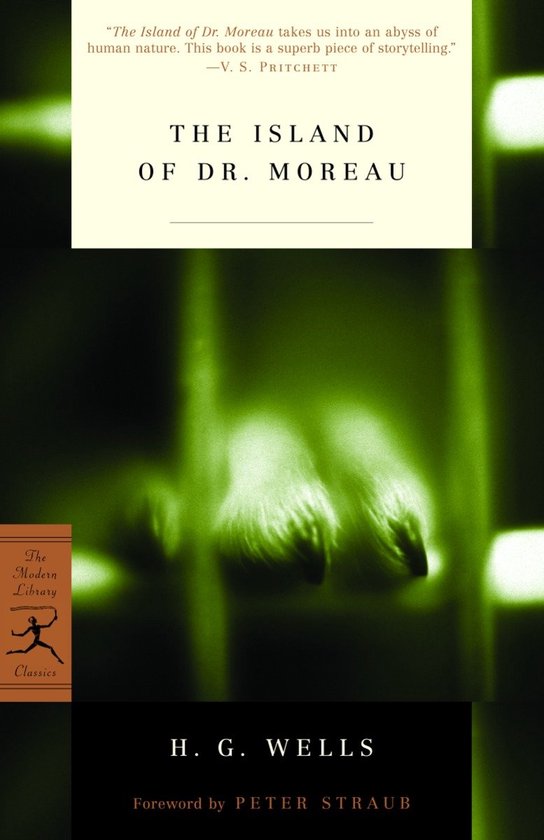 Boek "The Island of Dr. Moreau" door H. G. Wells, met een groene, wazige afbeelding van poten.