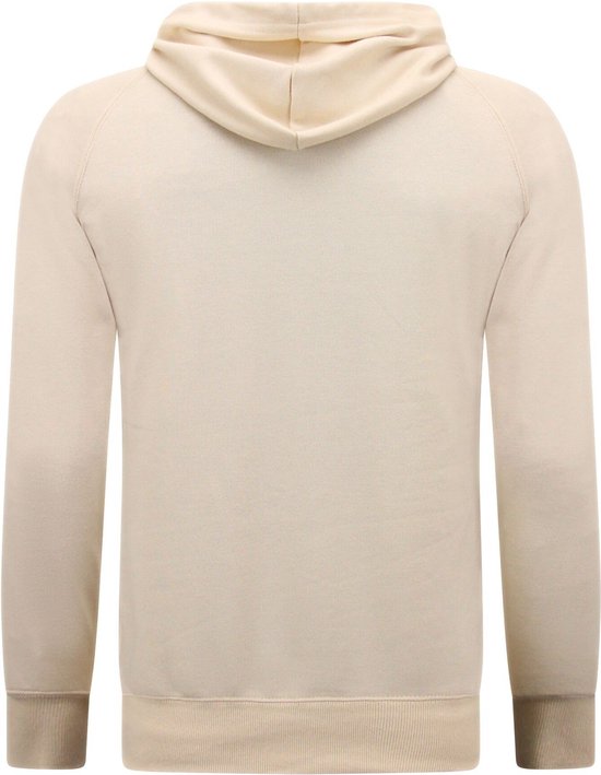 Arrière d'un sweat à capuche beige à manches longues.