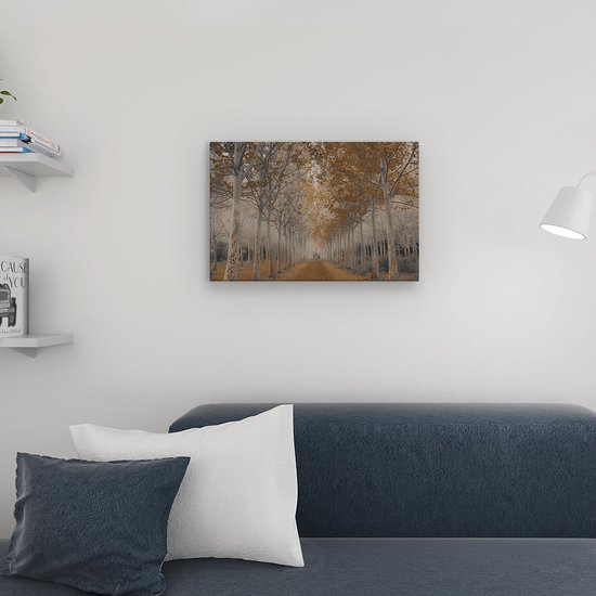 Artaza Canvas Schilderij Weg Omzoomd met Bomen in de Herfst - Landschap - 60x40 cm - Wanddecoratie Woonkamer - Schilderijen - Muurdecoratie