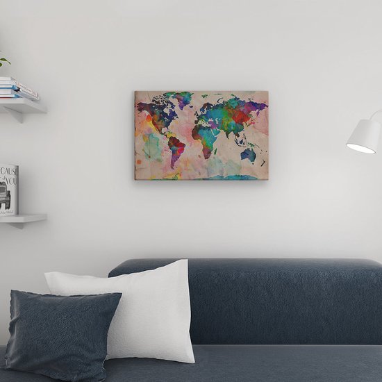 Artaza Peinture sur toile Wereldkaart aquarelle sur un morceau de Papier - 60x40 - Décoration murale - Photo sur toile - Impression sur toile