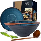 SOLID 2 x Ramen kom keramiek - 500 ml - 24 cm Ø - Blauwe Ramen Bowl Set voor 2 personen - Voor soep Pho Bowl en Sushi Bowl - Incl. stokjes en lepel Schalen set