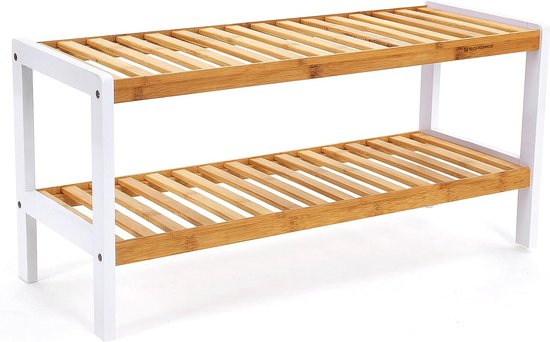 Bamboe Schoenenrek 2 niveau's - Badkamerplank voor 8 paar schoenen - Wit-natuurlijke kleuren 70 x 33 x 25 cm