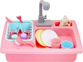 Keukenspoelbak rollenspel met elektrische watersimulator en accessoires (roze) - Speelgoed voor kinderen