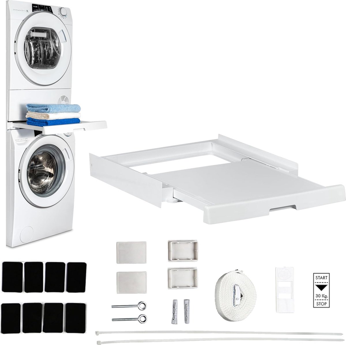 Universeel tussenbouwframe met uittrekbare bodem voor wasmachines en drogers, geschikt voor apparaten met diepte 47-62 cm, ruimtebesparend, eenvoudig te installeren, wit, vierkante