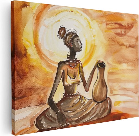 Artaza Canvas Schilderij Aquarelkunstwerk van een Afrikaanse Vrouw die een Kruik Vasthoudt - 40x30 - Klein - Foto Op Canvas - Canvas Print