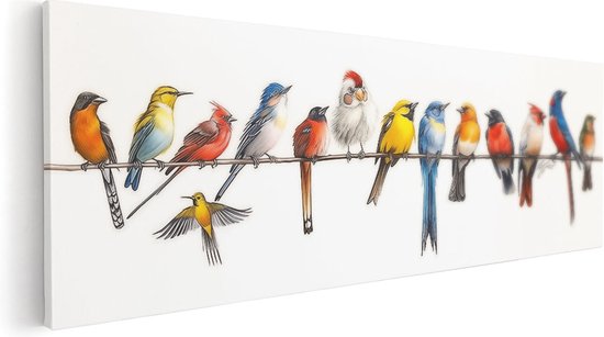 Artaza Canvas Schilderij Kleurrijke Vogels Zittend op een Draad - Foto Op Canvas - Canvas Print