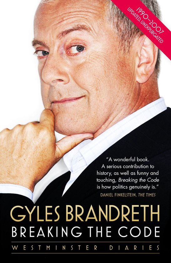 Boek "Breaking the Code" met Gyles Brandreth met een hand op zijn kin. "A wonderful book."