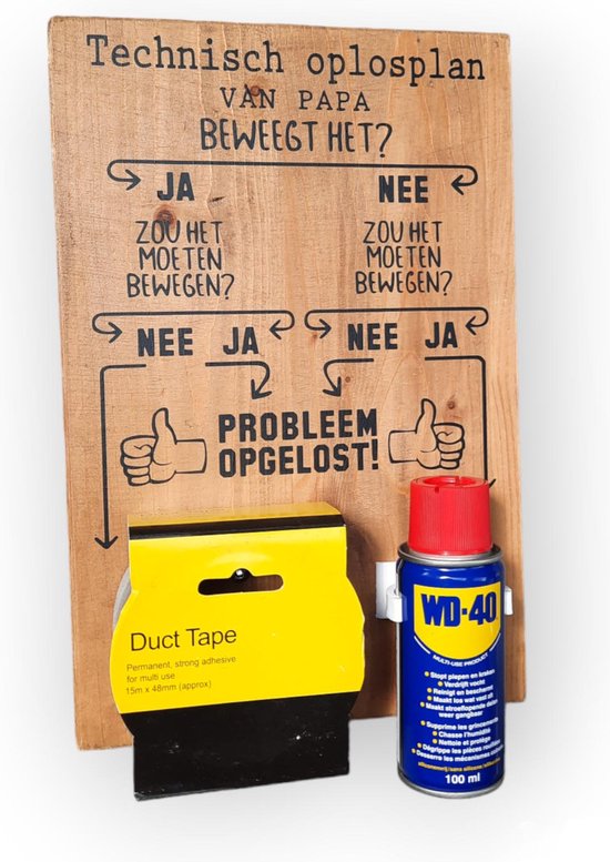 Vaderdag Technisch oplosplan WD-40 Ducttape tape papa cadeau tekstbord garage werkplaats cadeau NL mancave houten tekstbord wandbord stoer grappig