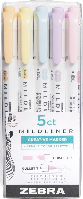 Zebra Mildliner Gentle Colors Set – Creative marker – Twinmarker – Tekstmarker – Brede + ronde punt – 5 stuks