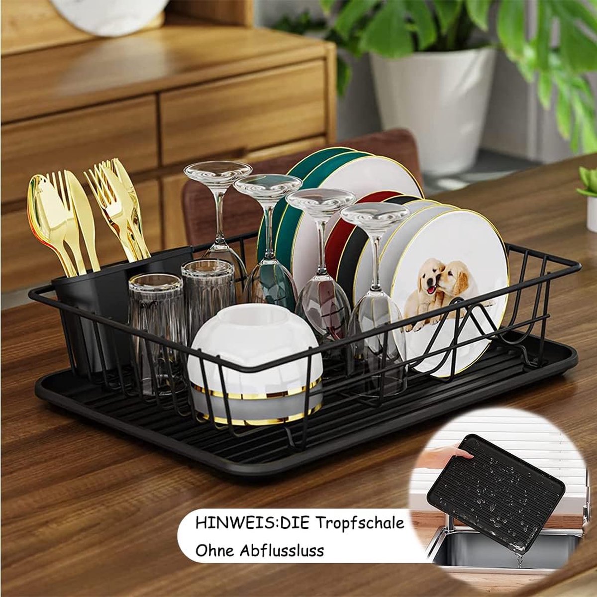 Goedkoopste Afdruiprek, frame voor servies, afdruiprek met afdruipbak en bestekverzamelaar, 42 x 32 x 12 cm, goud en zwart (zwart