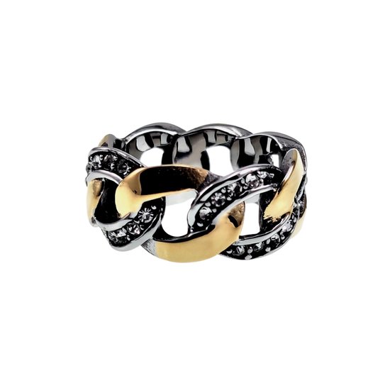 Ring Dames - Zilverkleurige - Goudkleurige RVS - Cubaans Schakeldesign Ring - Brede Ring met Zirkonias Steentjes