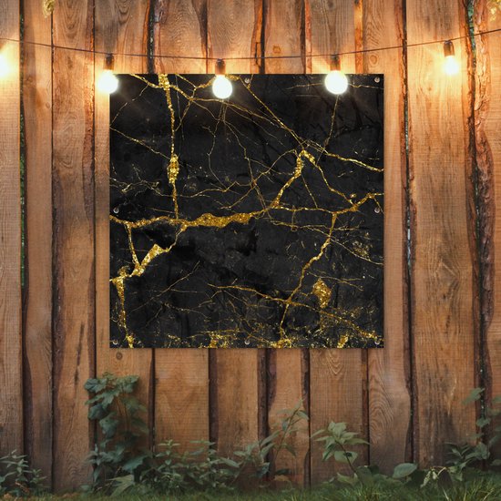 Tuinposter 100x100 cm - Tuindecoratie Marmer - Goud - Zwart - Marmerlook - Luxe - Glitter - Poster voor in de tuin - Buiten decoratie - Schutting tuinschilderij - Tuindoek muurdecoratie - Wanddecoratie balkondoek