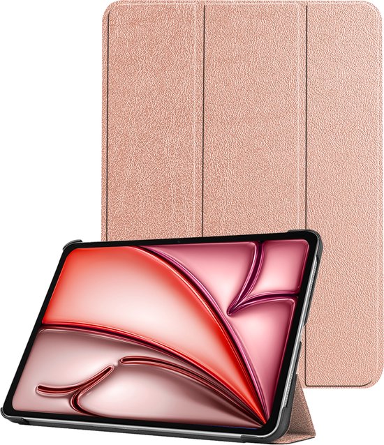 Étui pour tablette or rose texturé, debout avec une tablette.