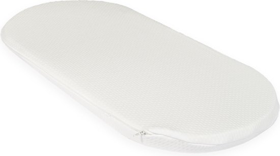 Ovaal wiegmatras, 74 x 35 cm, met een witte, geweven textuur en een rits aan de zijkant.