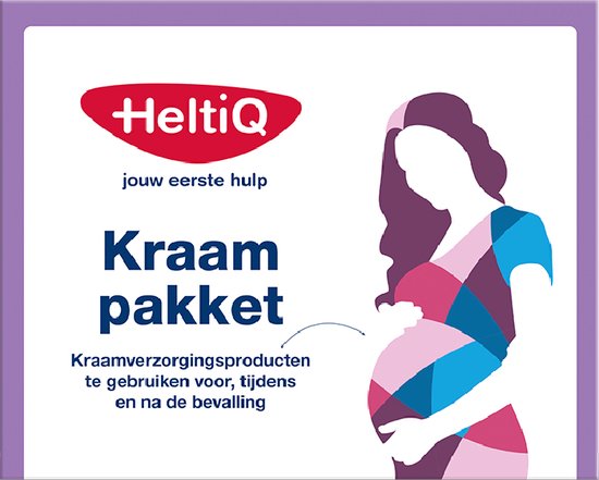 Heltiq kraampakket verpakking met het opschrift 'jouw eerste hulp Kraampakket' en een silhouet van een zwangere vrouw.