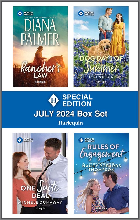 Drie Harlequin Special Edition romans met titels 'Rancher's Law', 'Dog Days of Summer' en 'One Suite Deal'. Zomers thema.