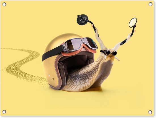 Tableau de jardin Escargot - Animaux - Casque - Jaune - Miroirs - 80x60 cm - Affiche de jardin - Toile de jardin - Affiche d'extérieur
