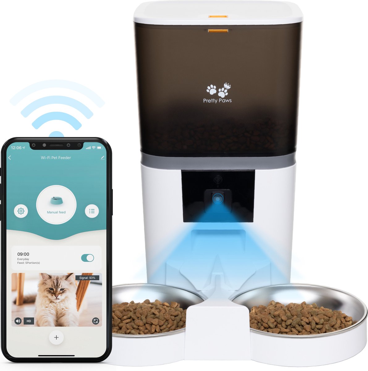 Pretty Paws QQ005 - Voerautomaat met WiFi en Camera - Dubbele Voerbakjes - Kat - 6L - Wit