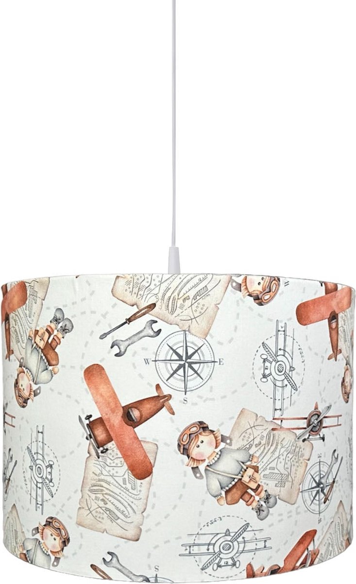 BINK Bedding Hanglamp/Lampenkap Raf 30cm inclusief pendel - piloot - vliegtuig - landkaart - terra - roestbruin - oranje - ecru - kinderkamer verlichting - babykamer - decoratie - vliegenier